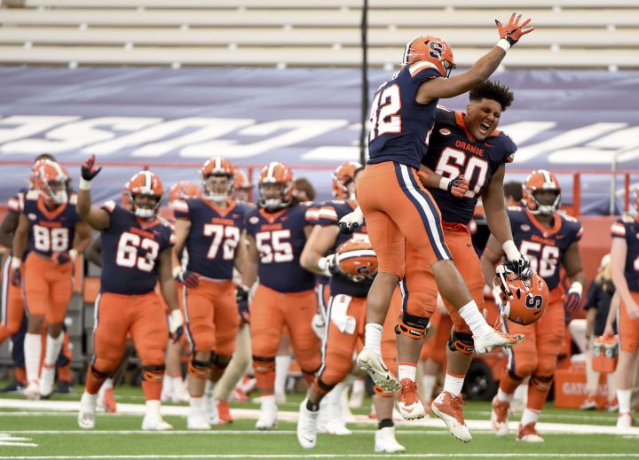 Syracuse linebacker Tyrell Richards (42) celebrates after blocking a field goal against Georgia Tech during an NCAA college football game, Saturday, Sept. 26, 2020, at the Carrier Dome in Syracuse, N.Y. 