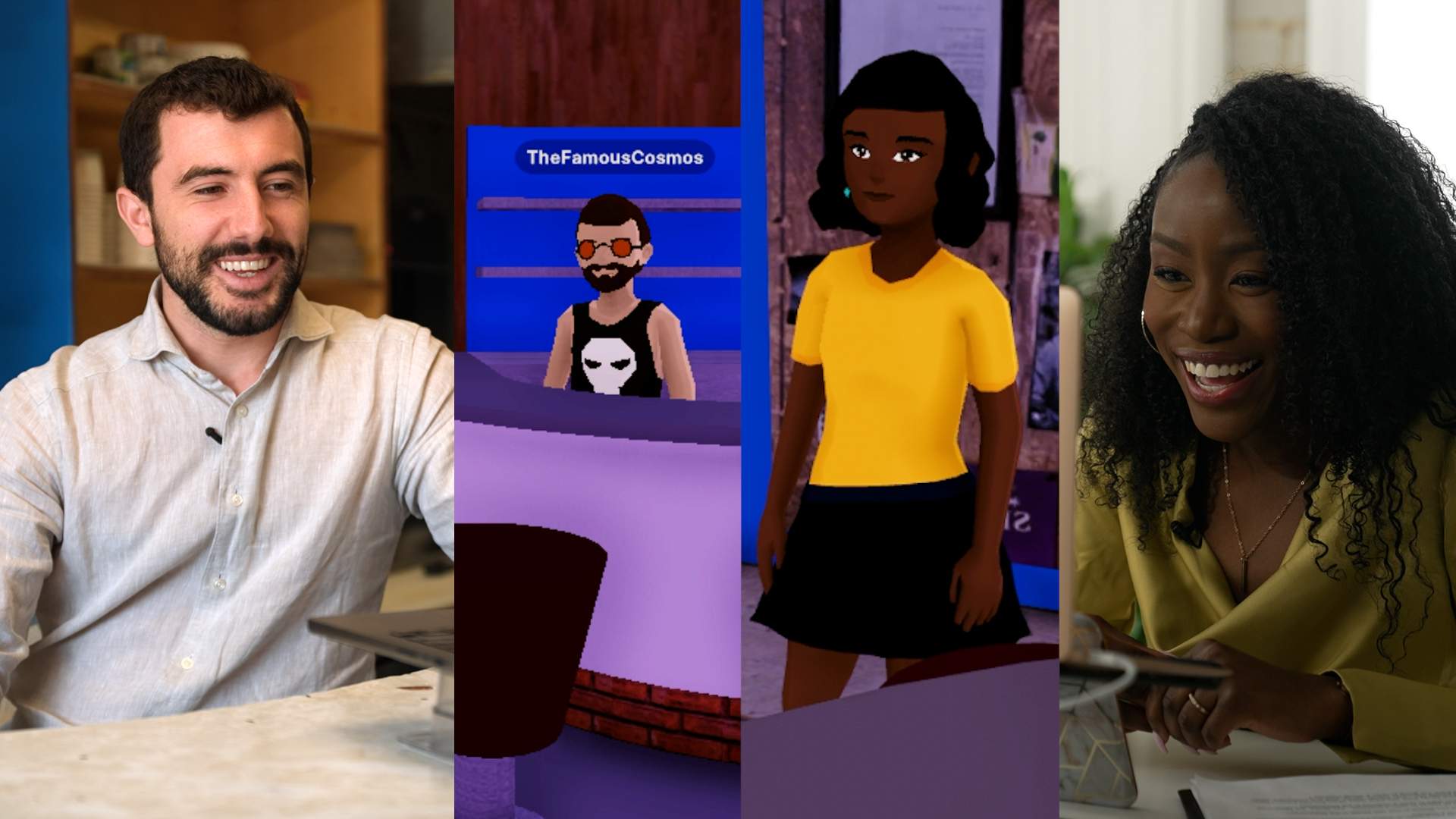 L to R: David Minicucci, David's avatar in Decentraland, Kayla's avatar in Decentraland and Kayla McLean of Global News.
