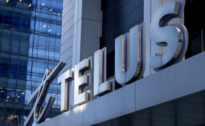 The sign on the front of the Telus head office is shown in Toronto on Thursday, February 11, 2021.  