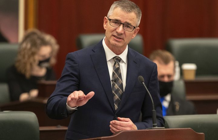 Alberta Minister of Finance and President of the Treasury Board, Travis Toews delivers the 2021 budget in Edmonton Alta, on Thursday February 25, 2021. 