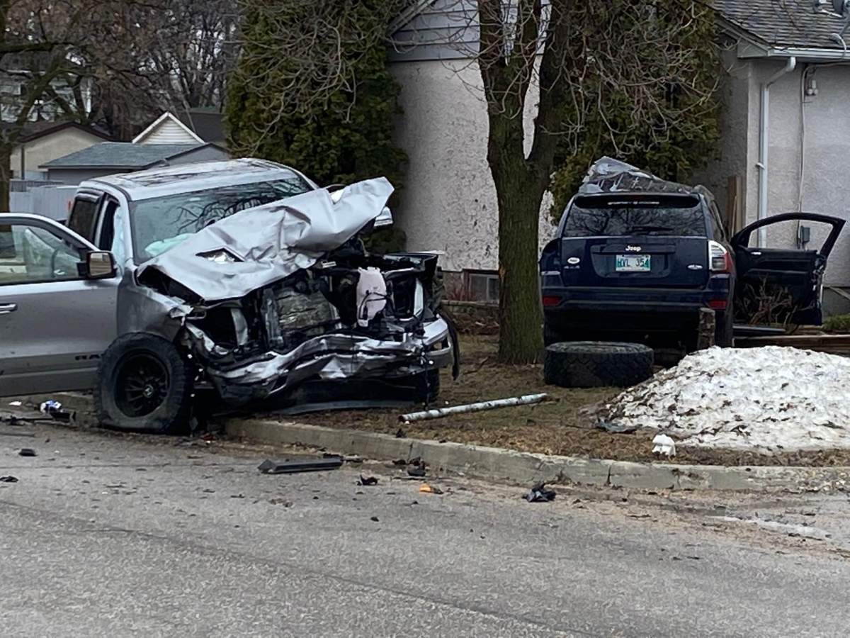 Two vehicles with severe front-end damage in Transcona on Sunday morning.