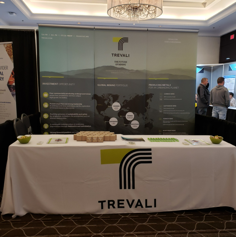 A Trevali Mining Corp. booth is seen in October 2019. The Vancouver-based company says none of the eight workers missing since the Perkoa Mine in Burkina Faso flooded a month ago were able to reach an underground refuge chamber.