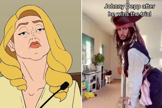 TikTok stills from @pettyparrot (left) and @rhyleep95 (right) about the Johnny Depp vs. Amber Heard defamation trial