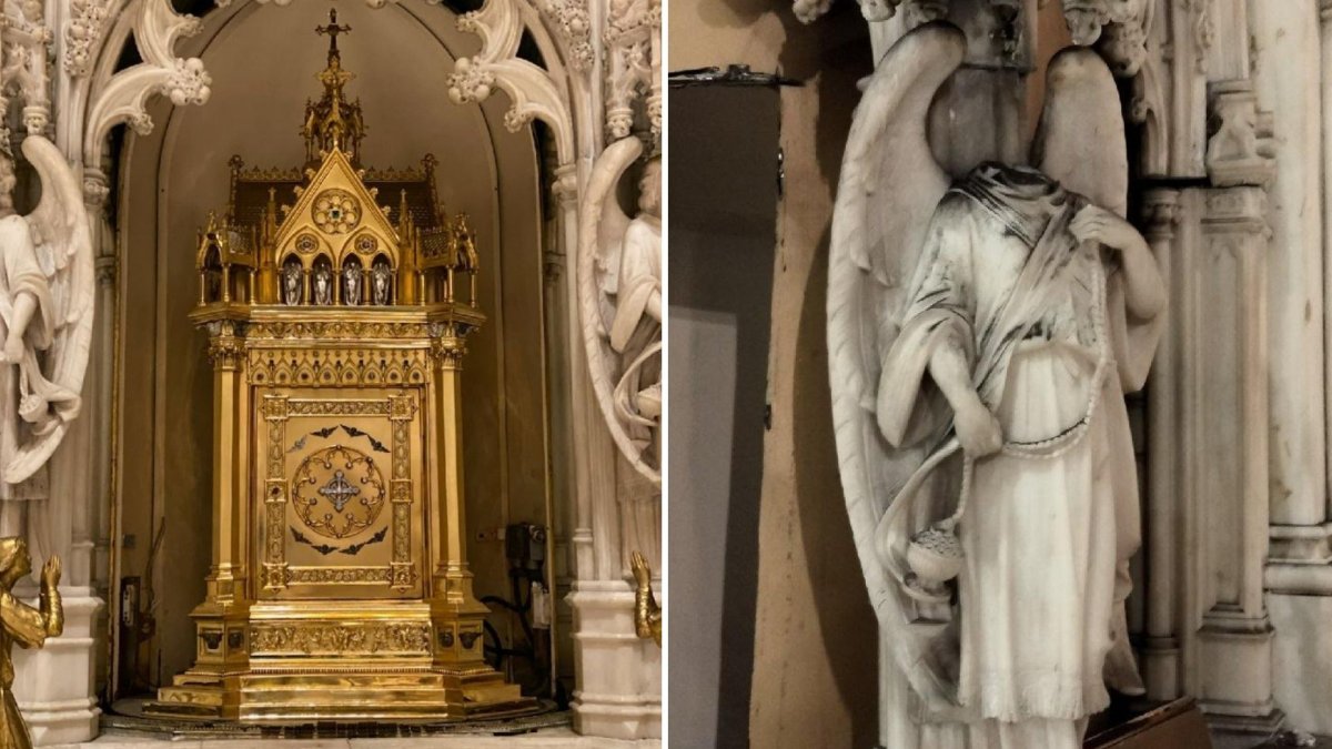 The stolen tabernacle (left) and beheaded angel statue (right) from St. Augustine Roman Catholic Church in Brooklyn, NY.