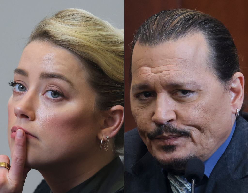 In this compilation of two photos, Amber Heard listens to her ex-husband actor Johnny Depp's testimony during his defamation trial against her, at the Fairfax County Circuit Courthouse in Fairfax, Virginia, on May 25, 2022.
