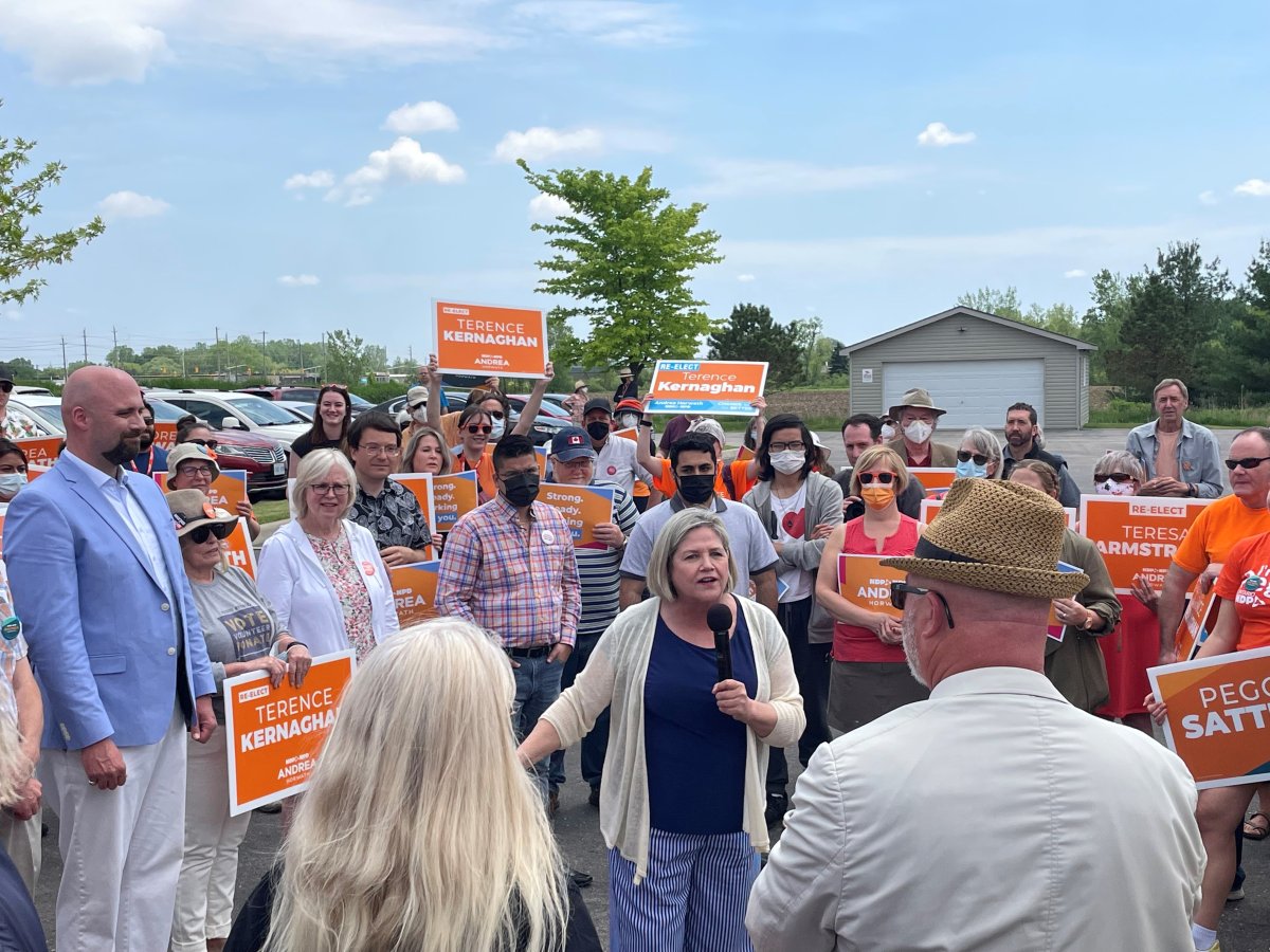 Andrea Horwath surrounded by fellow NDP candidates and supporters on May 29 in London, Ont. 