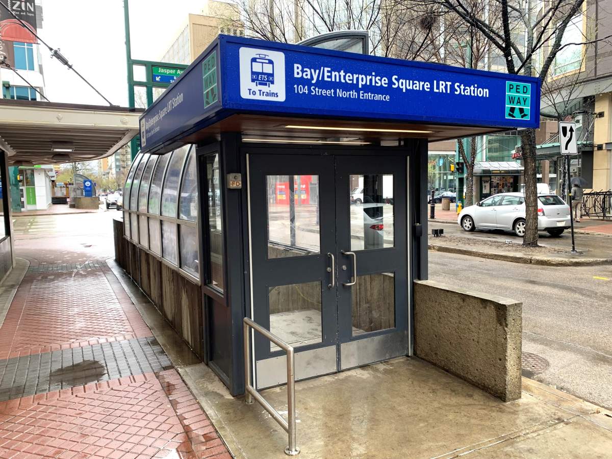 Edmonton police investigate a stabbing at Bay/Enterprise Square LRT Station Wednesday, May 18, 2022.
