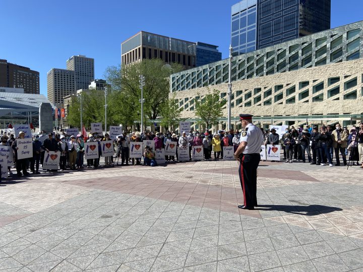 More than 100 members of Edmonton's Chinatown community rallied for safety at City Hall Saturday, May 28, 2022.