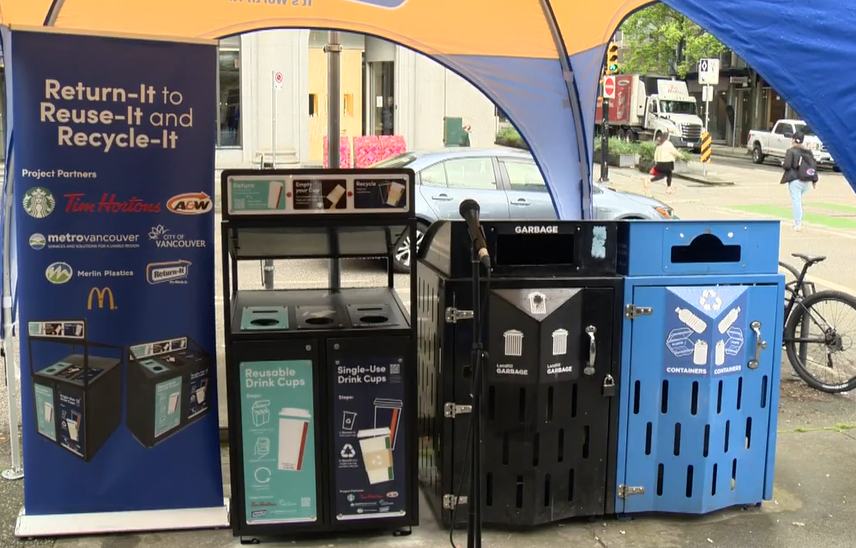 One of the new cup return and recycling bins in downtown Vancouver. 