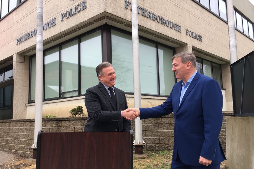 Peterborough-Kawartha MPP Dave Smith, along with officers with Peterborough police, announces Community Safety and Policing Grant funding on Monday, May 2.