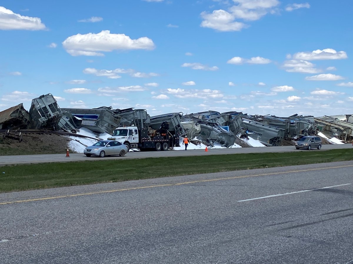 A train carrying potash derailed east of Fort Macleod, Alta., Sunday, May 22, 2022.