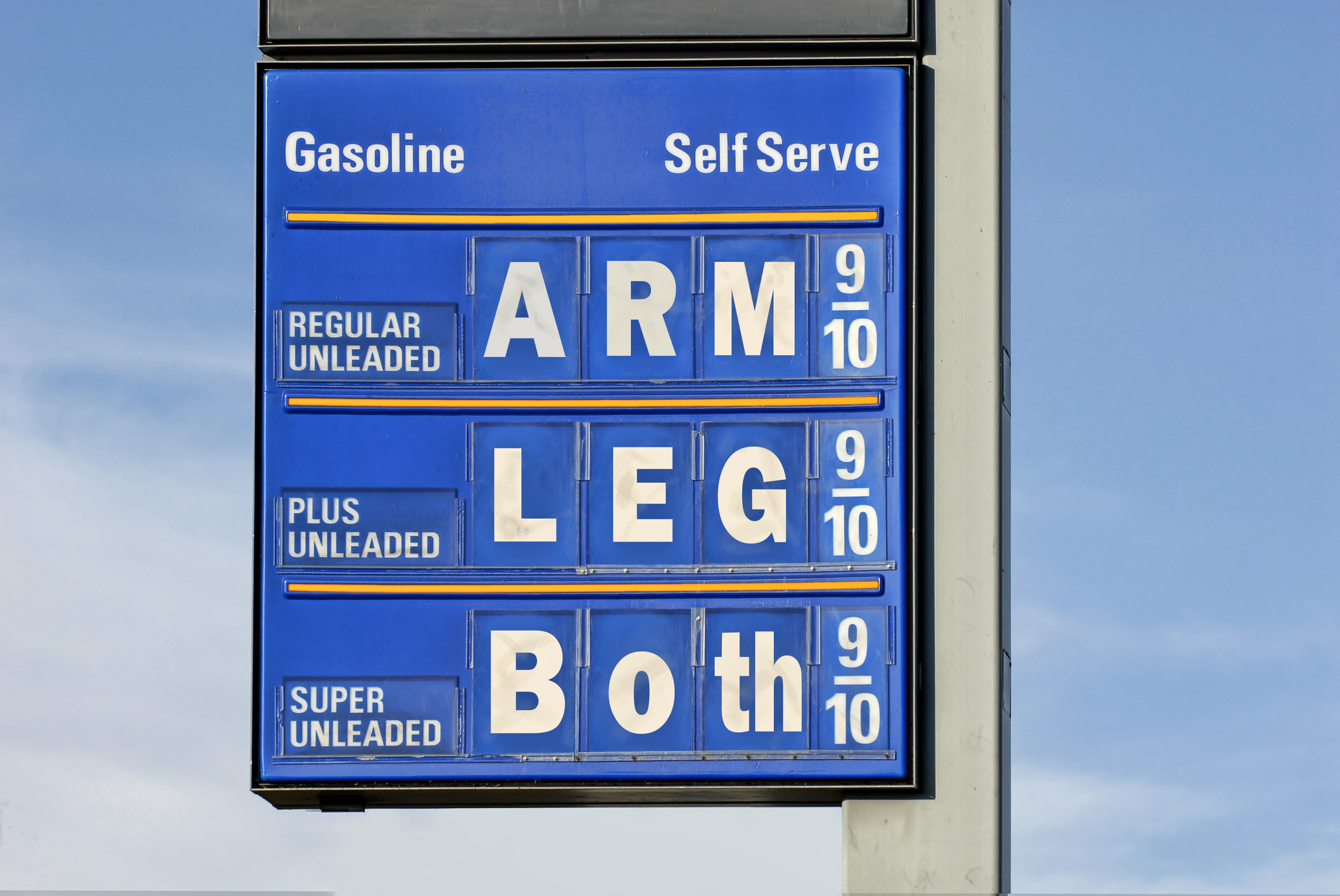 gas station sign saying arm and leg