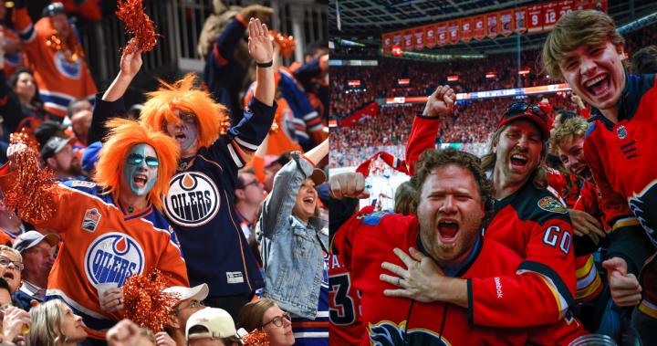 Edmonton Oilers fan Ally Gylander, right, and Calgary Flames fan Julian  Adams, centre, show their team spirit at a fan fest prior to NHL  second-round playoff hockey action in Edmonton, Sunday, May