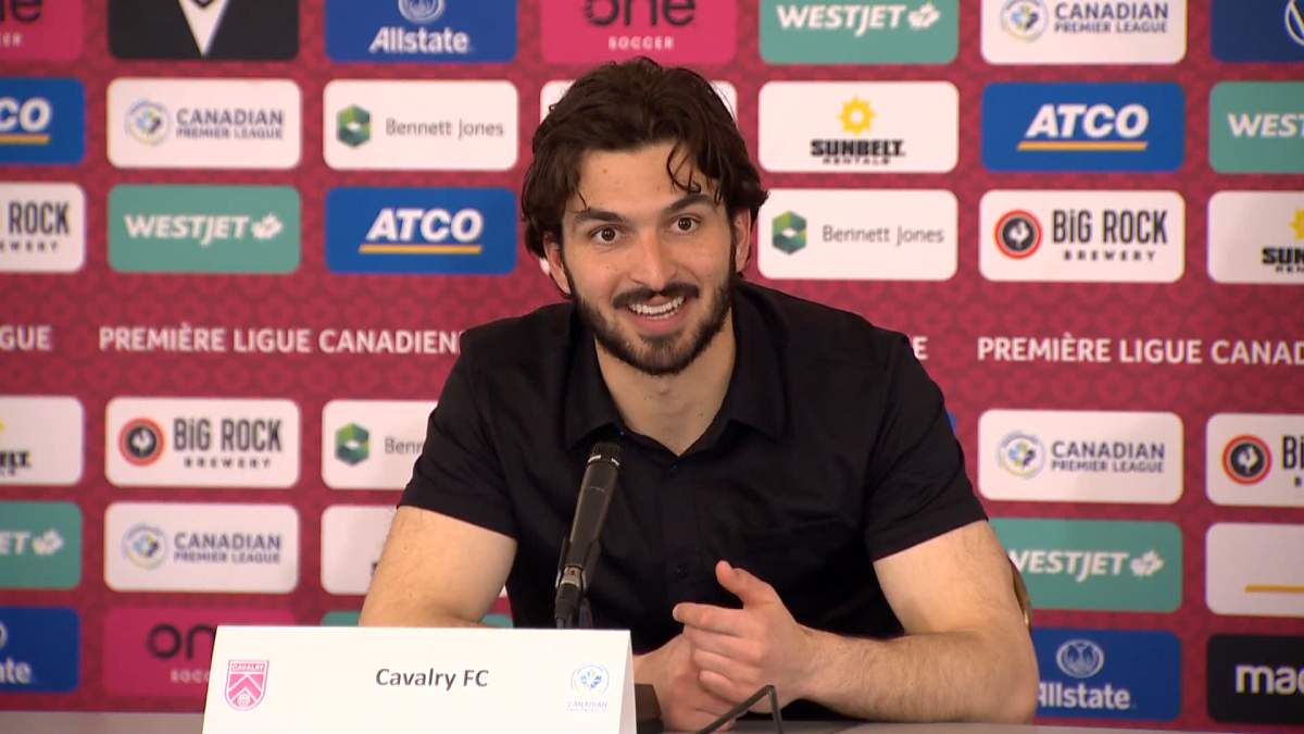 Marco Carducci speaks to reporters after posting a four save shutout in Cavalry FC's first win of the 2022 season.
