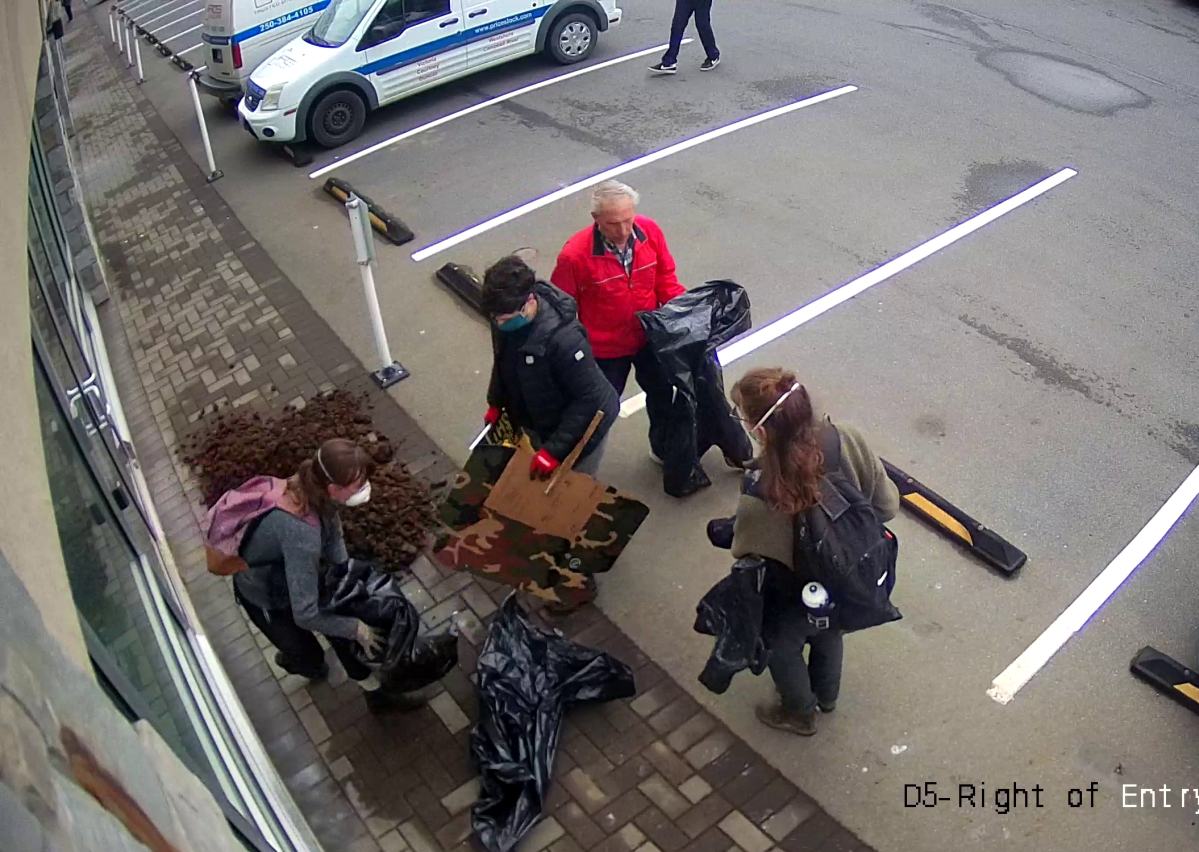 Protesters dump manure and place signs against old-growth logging at B.C. Premier John Horgan’s constituency office in Langford.