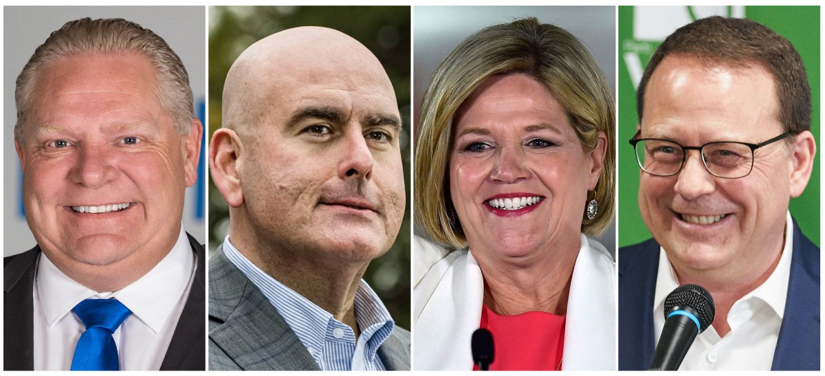 Ontario party leaders. From left to right: PC Leader Doug Ford, Liberal Party Leader Steven Del Duca, NDP Leader Andrea Horwath, and Green Party Leader Mike Schreiner.
