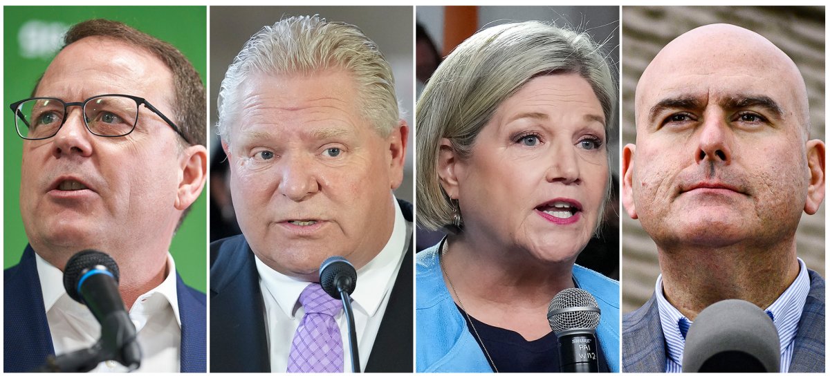 Ontario party leaders. From left to right: Green Party Leader Mike Schreiner, PC Leader Doug Ford, NDP Leader Andrea Horwath, and Liberal Party Leader Steven Del Duca.