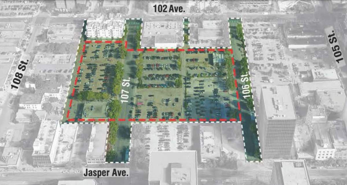 A map showing the Warehouse Park site in downtown Edmonton.