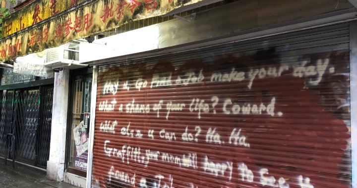 Vancouver Chinatown merchant writes message to graffiti taggers targeting his storefront – BC