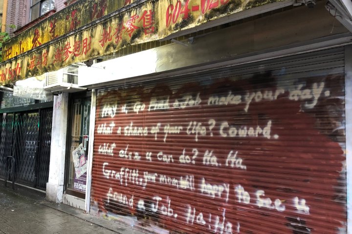 Vancouver Chinatown merchant writes message to graffiti taggers targeting his storefront