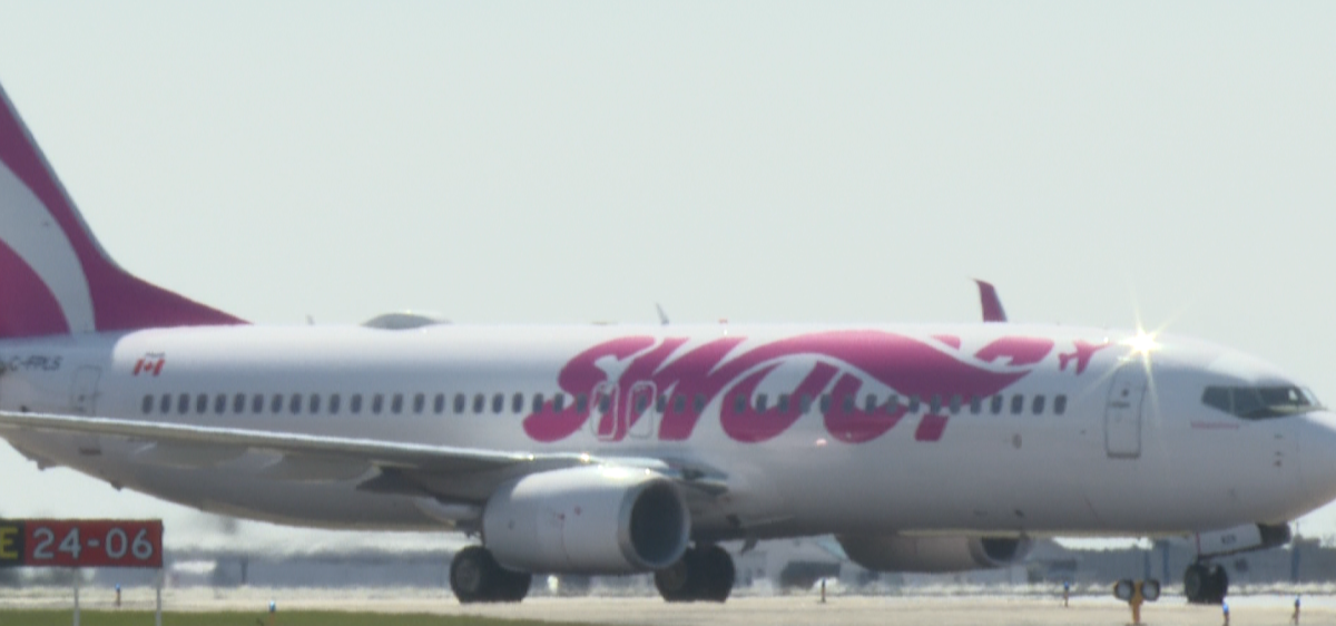 A Swoop airplane sits on the tarmac at the Moncton Airport