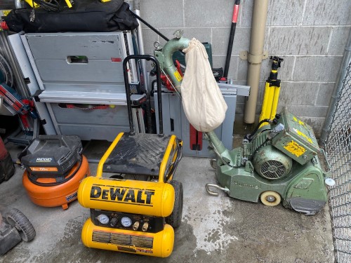 The tools seized include a hummel floor sander, Dewalt compressor, rigid compressor, two Bosch table saws and a Bosch mitre saw.