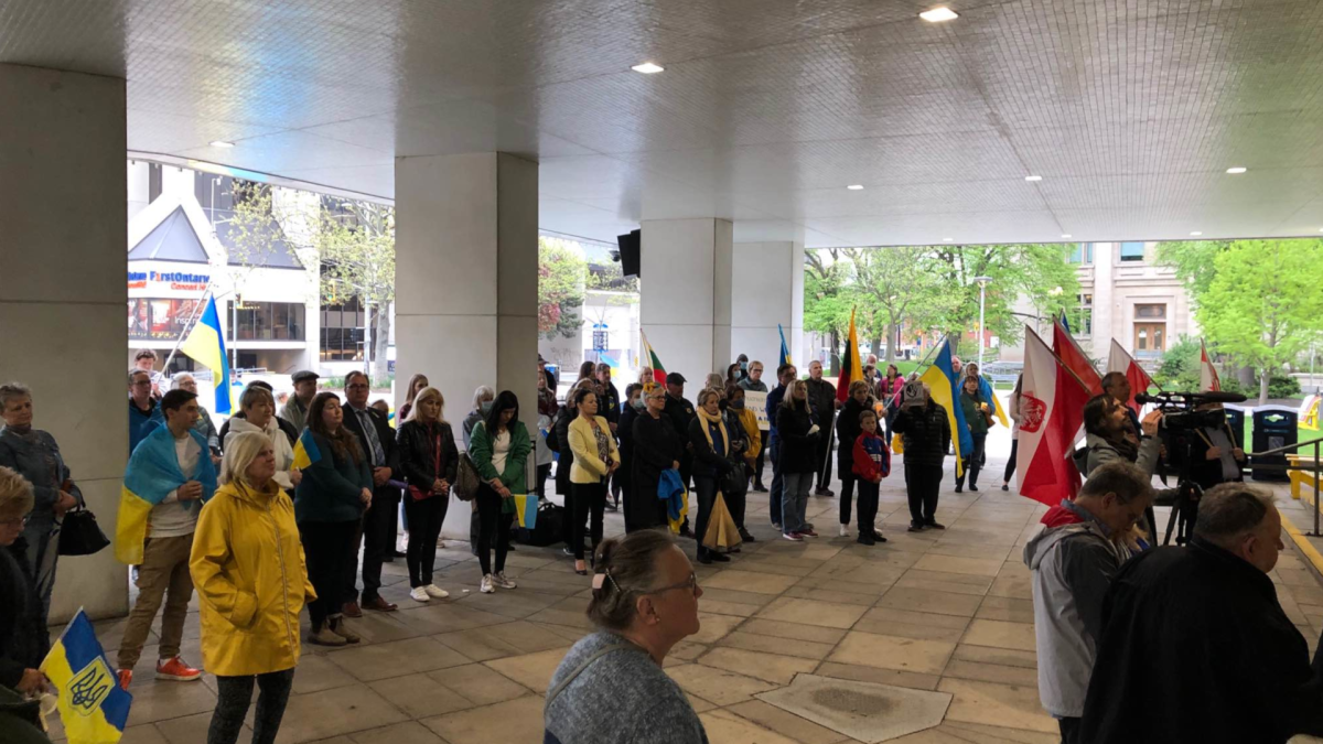 The Ukrainian-Canadian community in Hamilton come together at City Hall to show support for victims of the war in eastern Europe on May 18, 2022.