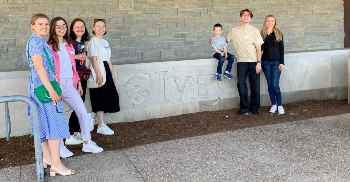 Ukrainian students studying at Ivey. L-r: Anastasiia Nesterenko, Sofiia Shulga, Ulyana Kulchytska, Oksana Kosendiak, Yehor (Egor) Zavortniak, Maksym Savchyn, and Alina Byshynska.