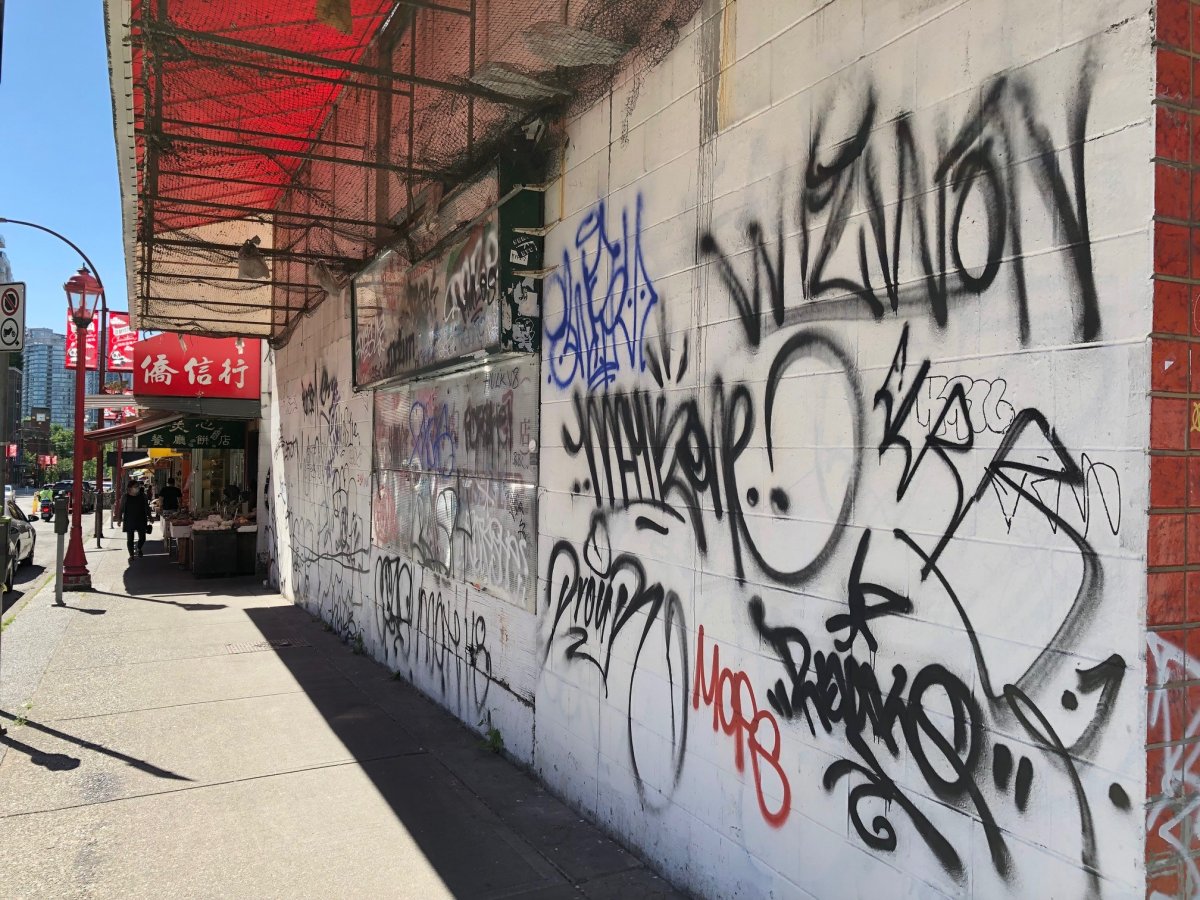 This wall on Keefer Street at Gore Avenue in Vancouver's Chinatown has been repeatedly hit with graffiti vandalism.
