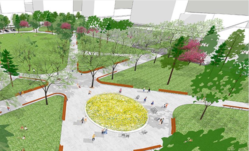 A rendering of plans for Warehouse Park in downtown Edmonton.