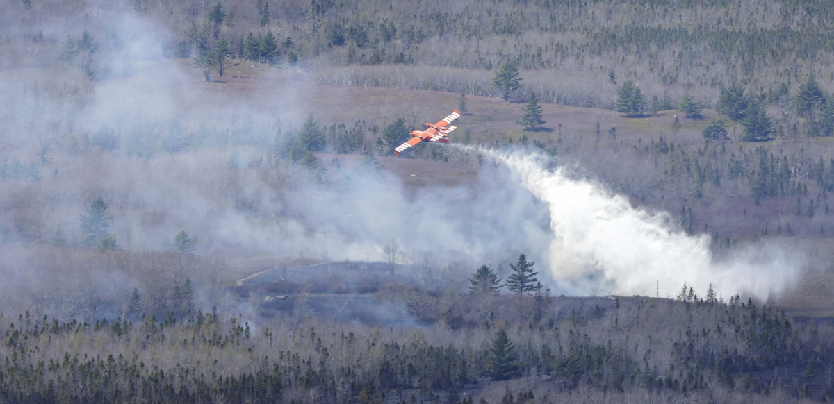 Aerial photo of a plane dropping water on the forest fire near South Horseshoe Lake, Yarmouth County.