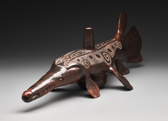 This piece of pottery created by Caddo artist Chase Kahwinhut Earles was made using ancestral Caddo methods. It is in the shape of an alligator gar fish and was destroyed Wednesday after a break-in at the Dallas Art Museum.