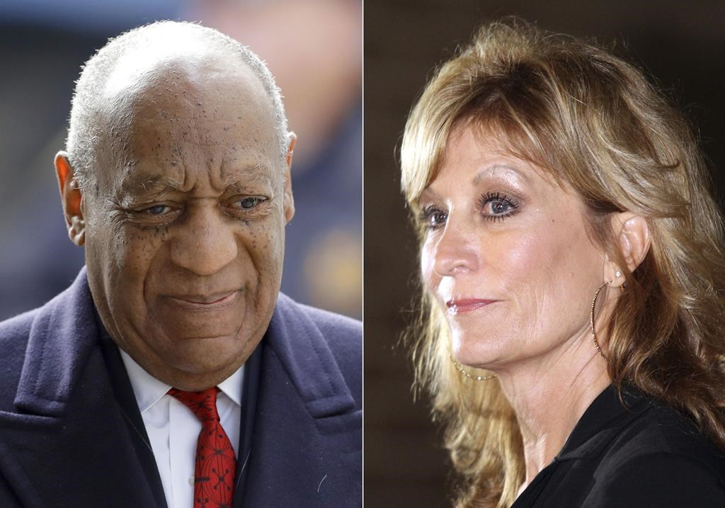 Bill Cosby arrives for his sexual assault trial in Norristown, Pa. on April 20, 2018, left, and Judy Huth appears at a press conference outside the Los Angeles Police Department's Wilshire Division station in Los Angeles on Dec. 5, 2014. 