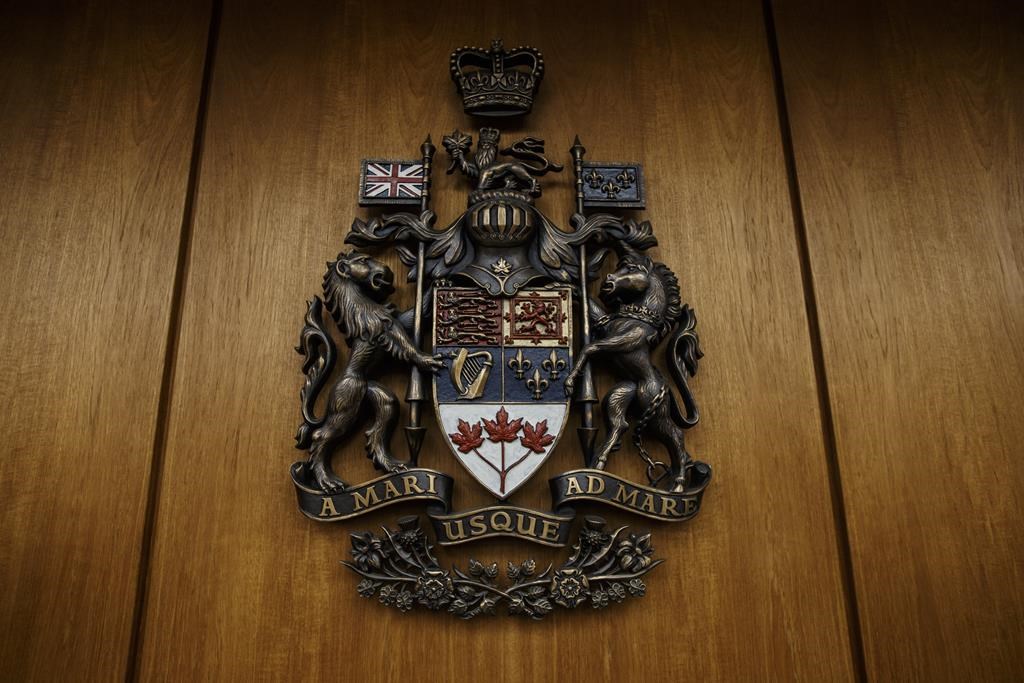 The Alberta Coat of Arms is shown at the Edmonton Law Courts building, in Edmonton on June 28, 2019.