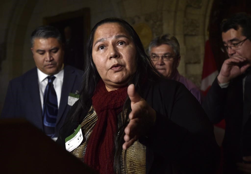 Judy Wilson, Chief of Neskonlith Indian Band and Executive Member of the Union of B.C. Indian Chiefs, speaks during a news conference on the impact of Bill C-58 on Indigenous communities, in the foyer of the House of Commons on Parliament Hill in Ottawa on December 4, 2017. THE CANADIAN PRESS/Justin Tang.