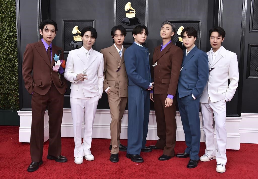 BTS arrives at the 64th Annual Grammy Awards on April 3, 2022, in Las Vegas.