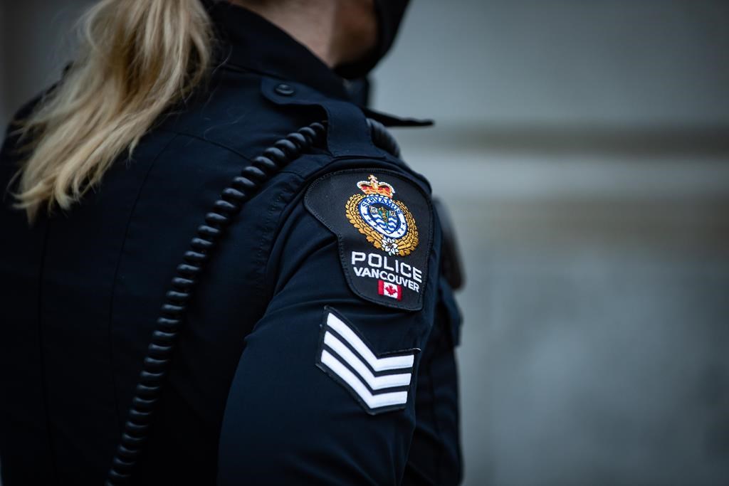 A Vancouver Police Department patch is seen on an officer's uniform in Vancouver, on Saturday, January 9, 2021. 