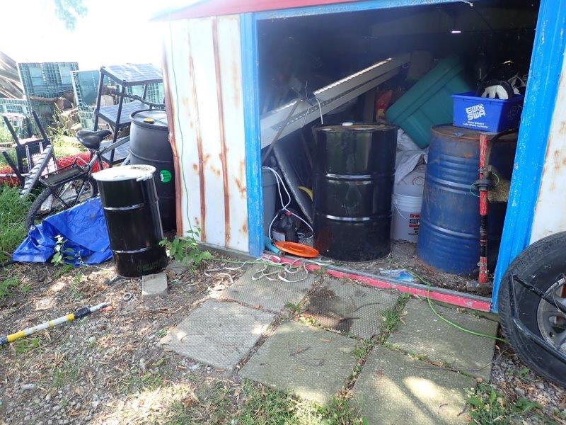 Bulk chemical drums located in the shed of a property in LaSalle, Ont., where the OPP’s clandestine laboratory investigative response team discovered a clandestine synthetic drug lab on Tuesday.
