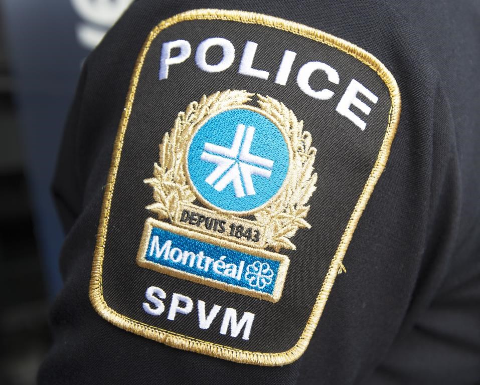 A Montreal police patch is seen on an officer during a news conference in Montreal, Thursday, March 25, 2021.
