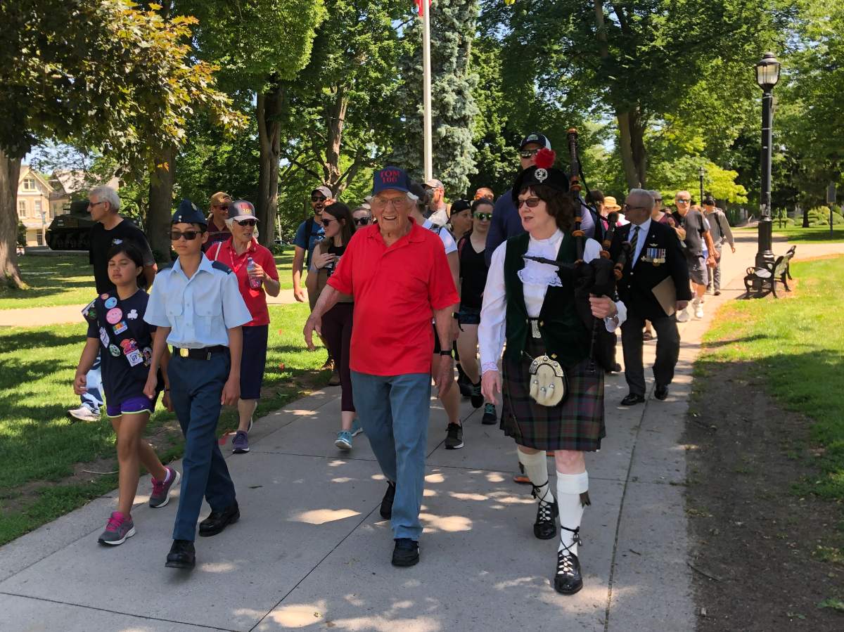 Tom Hennessy, 100, is walking 100 miles to try to raise $100,000 for homeless veterans in London Ont., Victoria Park. June 14, 2022.