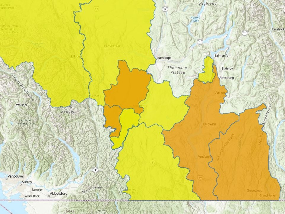 A map showing areas in B.C.’s Southern Interior under a flood watch (in orange).