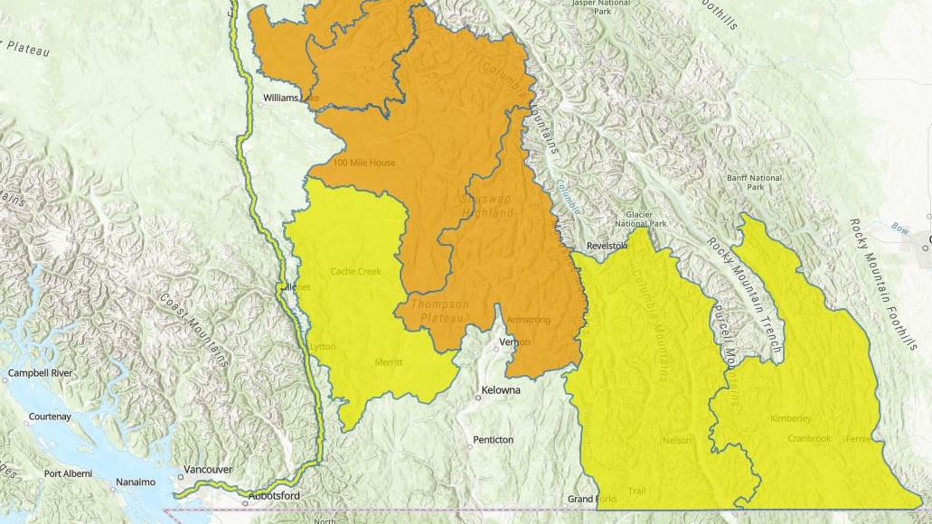 A map showing high streamflow advisories (in yellow) and flood watches (orange) for parts of B.C. on Saturday, June 18, 2022.