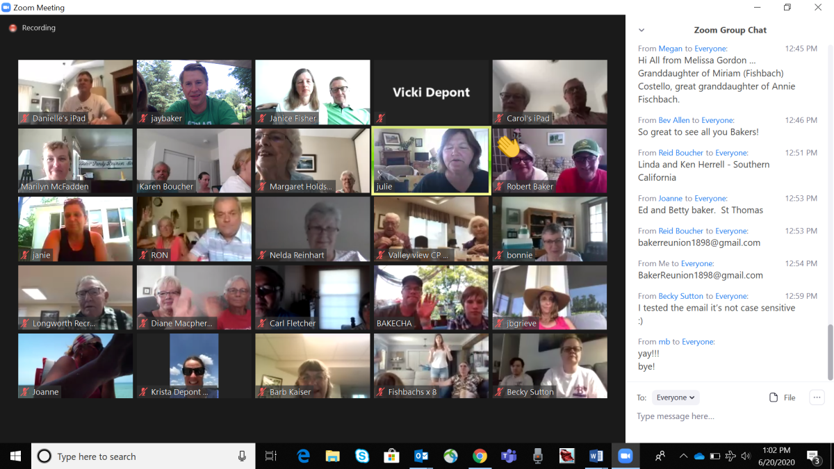 Screen grab of the virtual June 2020 Baker Family Reunion on ZOOM.