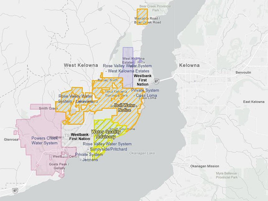 A map showing the boundaries of the boil water notice that was re-issued by the City of West Kelowna on Friday. According to the city, the boil water notice was re-issued due to the presence of coliform bacteria in the system. 