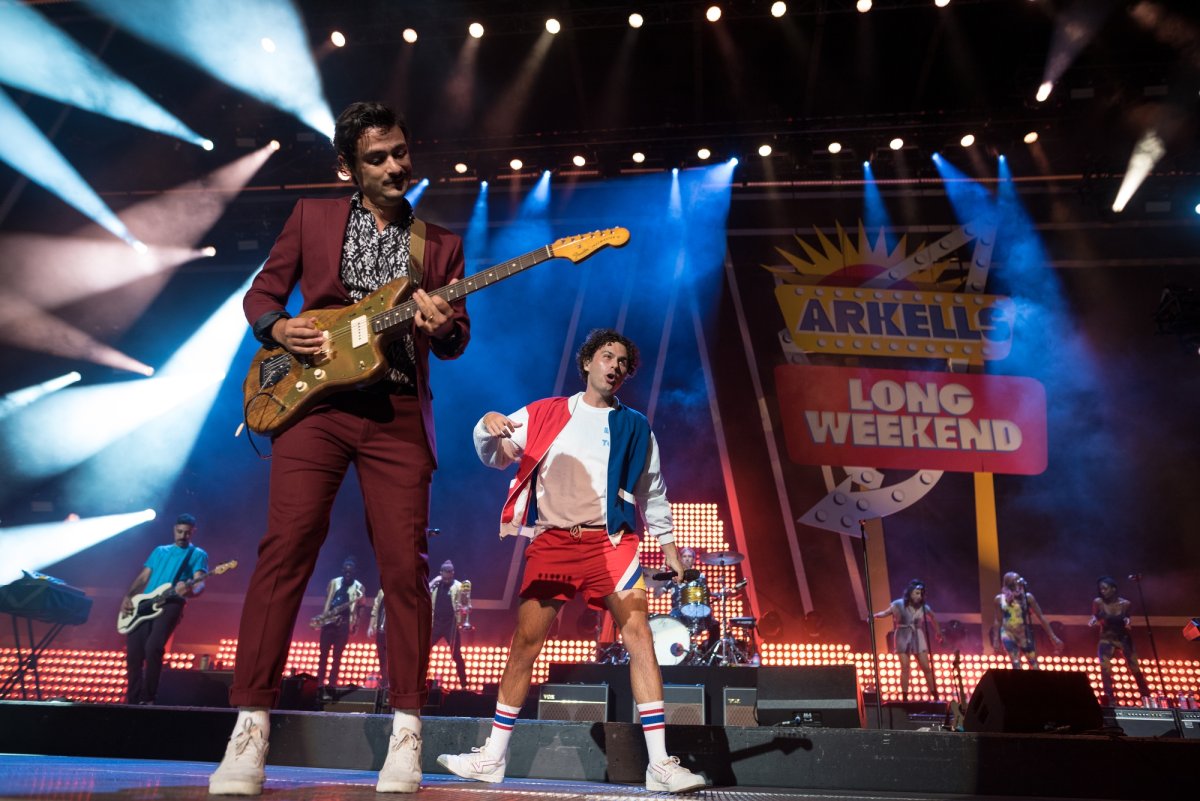 Nick Dika, left to right, and Max Kerman of the Arkells, perform at the Budweiser Stage in Toronto on Friday, August 13, 2021. The concert marked the first live event for the band in 17 months due to COVID-19 restrictions.