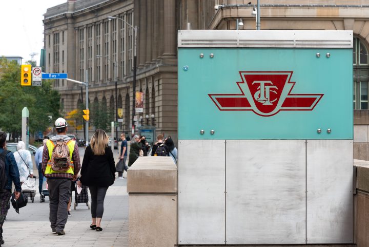 General view of a TTC signage and entrance at Union Station on Front Street in Toronto on October 7, 2021.
