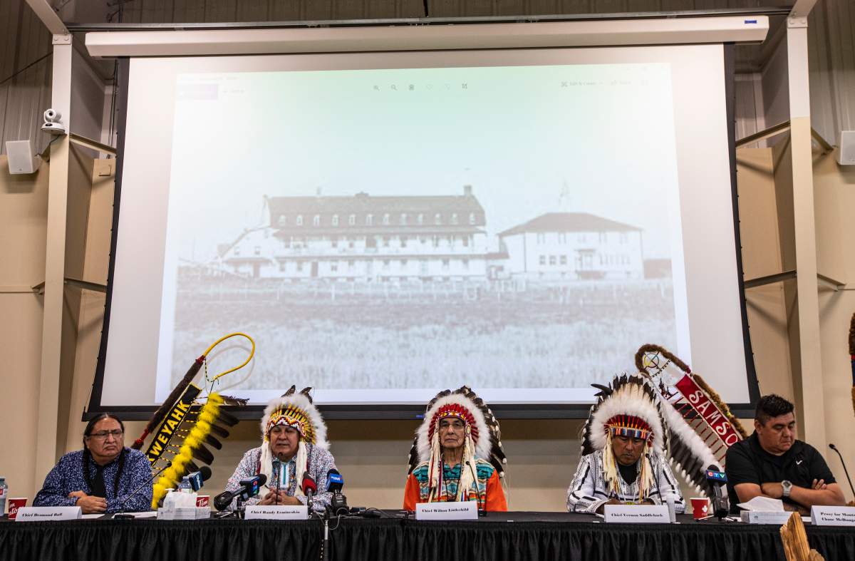 From left, Chief Desmond Bull, Chief Randy Ermineskin, Chief Wilton Littlechild, Chief Vernon Saddleback and Proxy Chase McDougall speak about the announcement from the Vatican of the Papal visit, in Maskwacis Alta, on Monday, June 27, 2022.