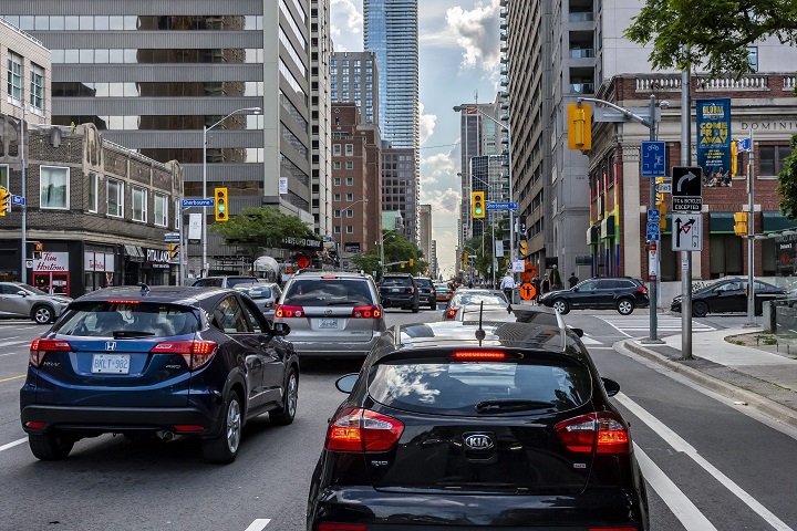 Afternoon traffic congestion on Bloor Street near Sherbourne Street in downtown Toronto on Thursday, June 25, 2020. 