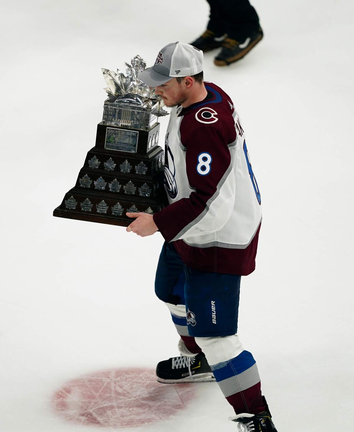 Colorado Avalanche defenseman Cale Makar skates with the Conn Smythe Trophy for being the playoffs MVP of the NHL hockey Stanley Cup Finals against the Tampa Bay Lightning on Sunday, June 26, 2022, in Tampa, Fla.