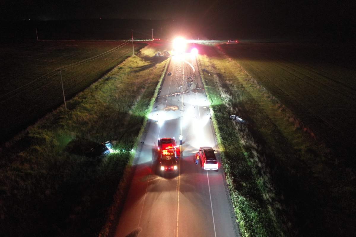 The scene of a fatal motor vehicle collision near Trochu, Alta., pictured on June 17, 2022.